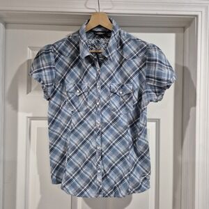 Light Blue Plaid Short-Sleeve Button-Up Women's Top